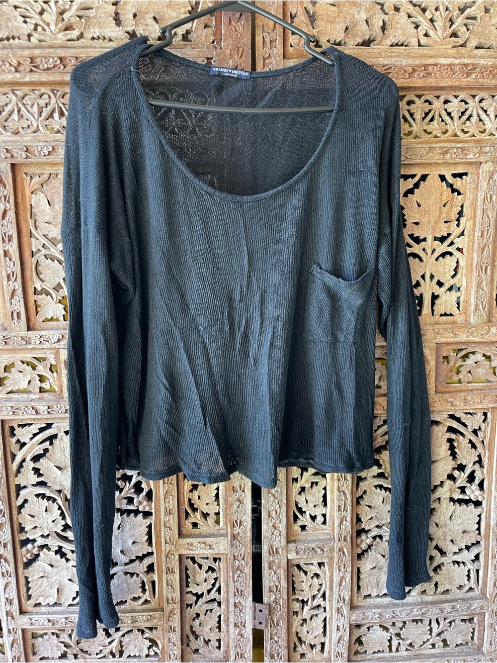Brandy Melville Black Scoop Neck Long-Sleeve Pocket Tee